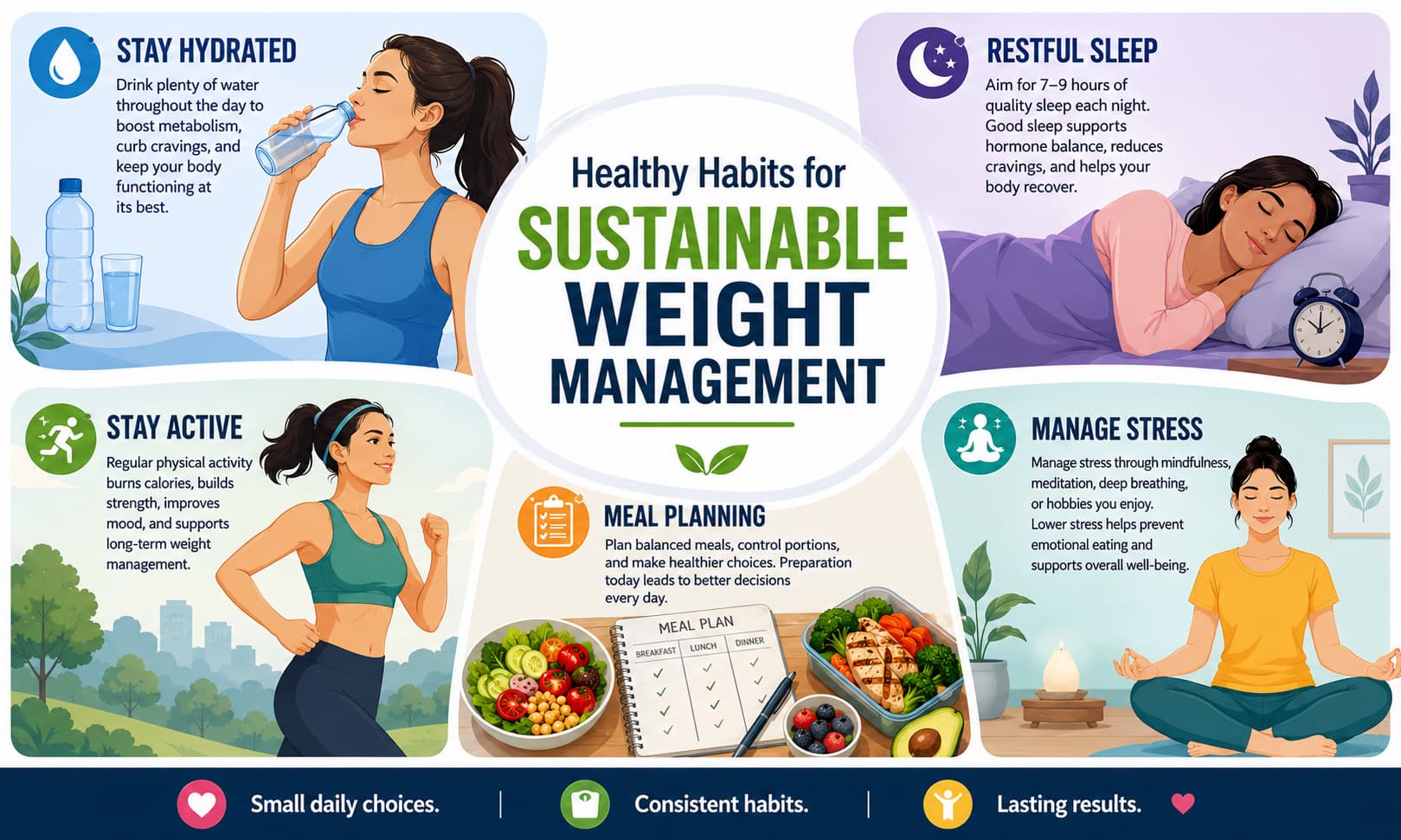 showing healthy hydration, restful sleep, exercise, meal planning, and stress management practices