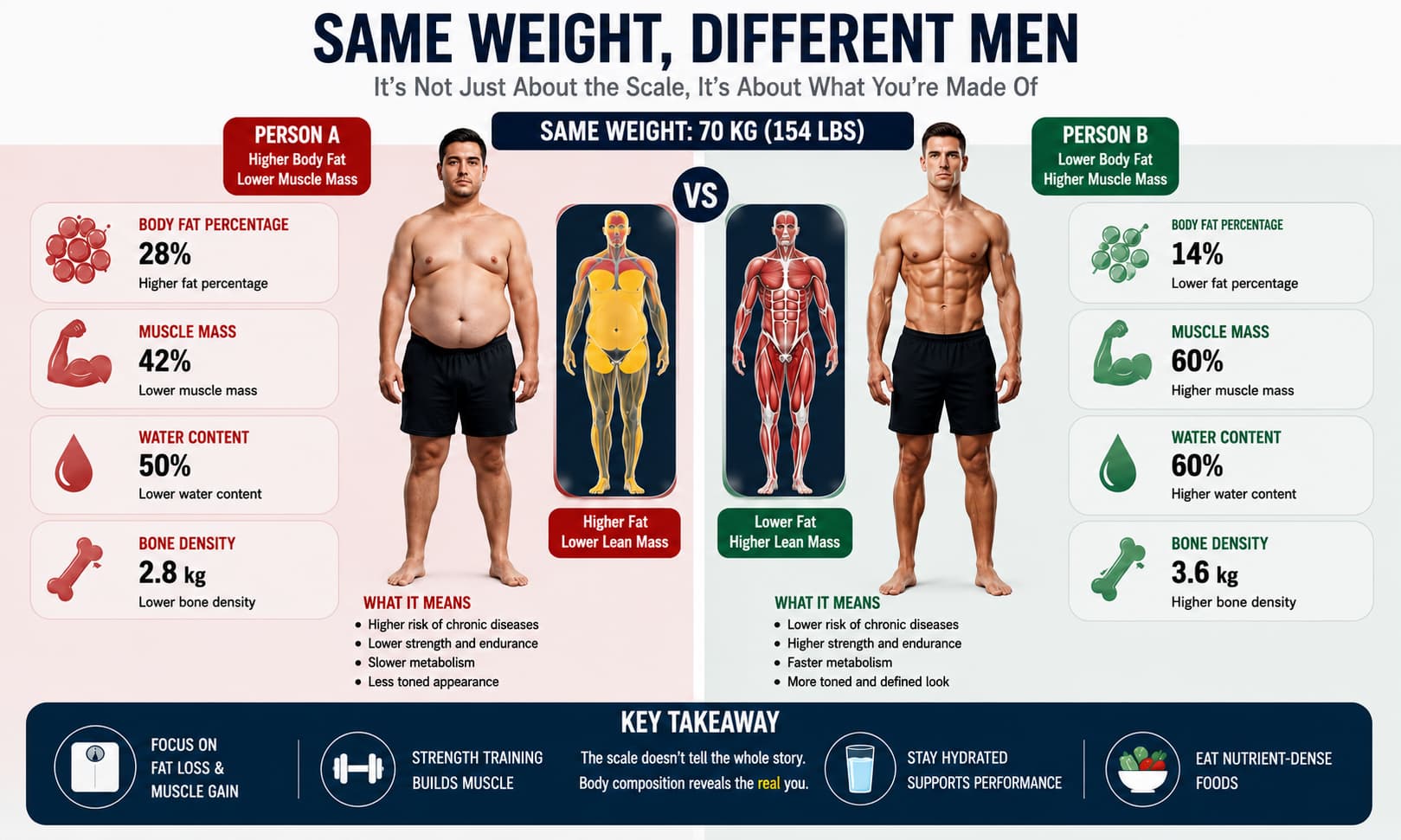 comparing two individuals with the same body weight but different body compositions, highlighting differences in body fat percentage, muscle mass,
water content, and bone density