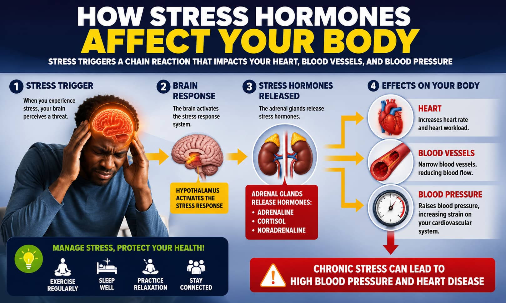 showing a stressed individual with arrows illustrating how the brain releases stress hormones that affect the heart, blood vessels, and blood pressure