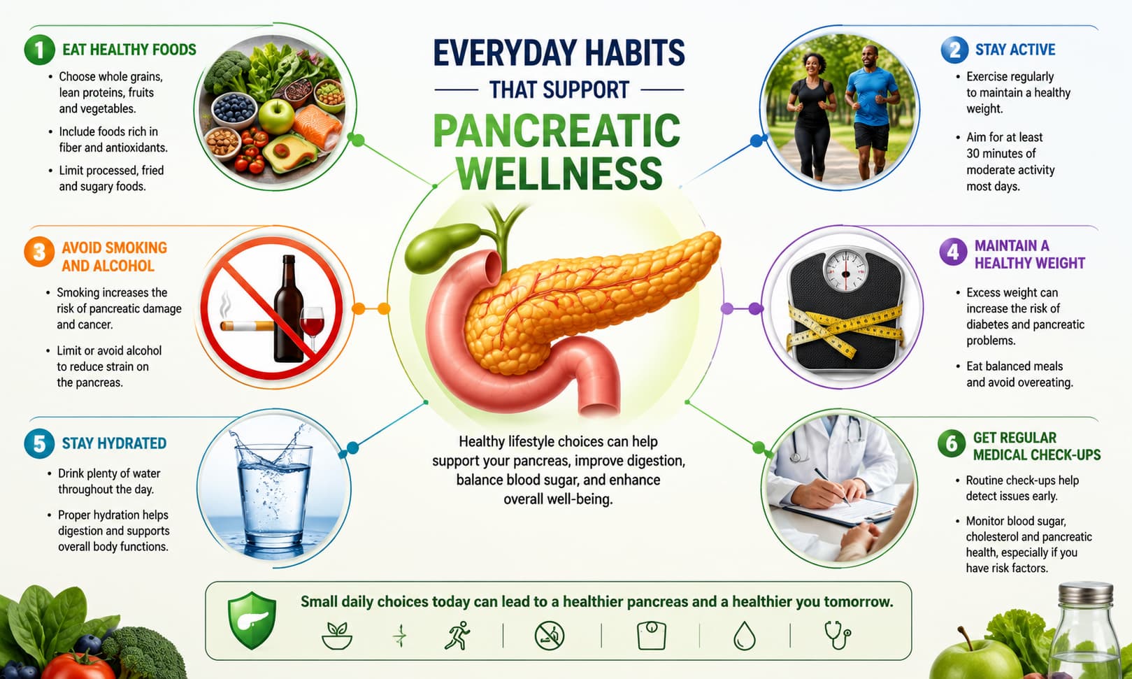 showing healthy foods, regular exercise, avoiding smoking and alcohol, healthy body weight, hydration, and routine medical check-ups