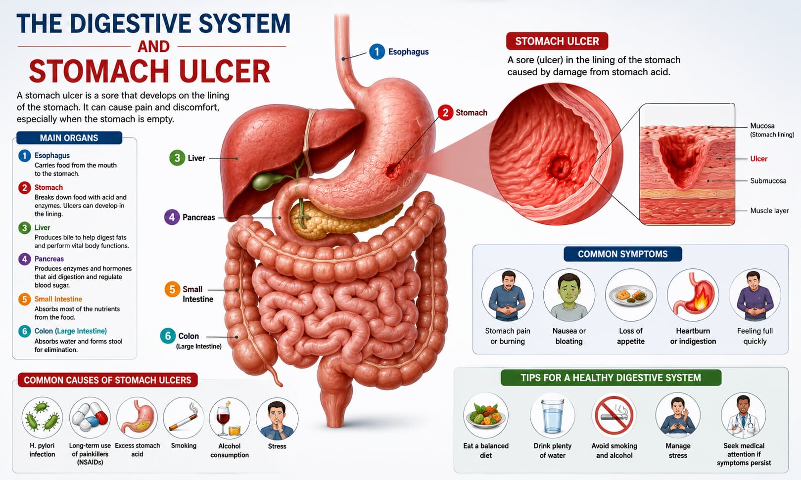showing the digestive system, including the stomach, liver, pancreas, small intestine, and colon