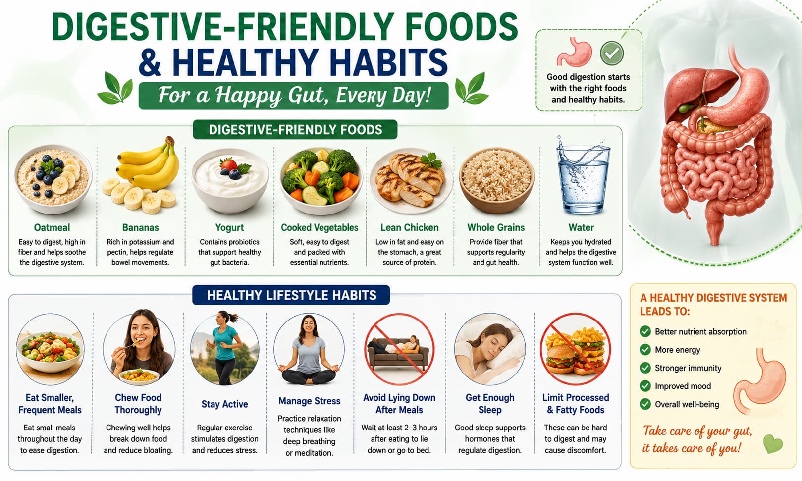 showing digestive-friendly foods including oatmeal, bananas, yogurt, vegetables, lean chicken, whole grains, and water