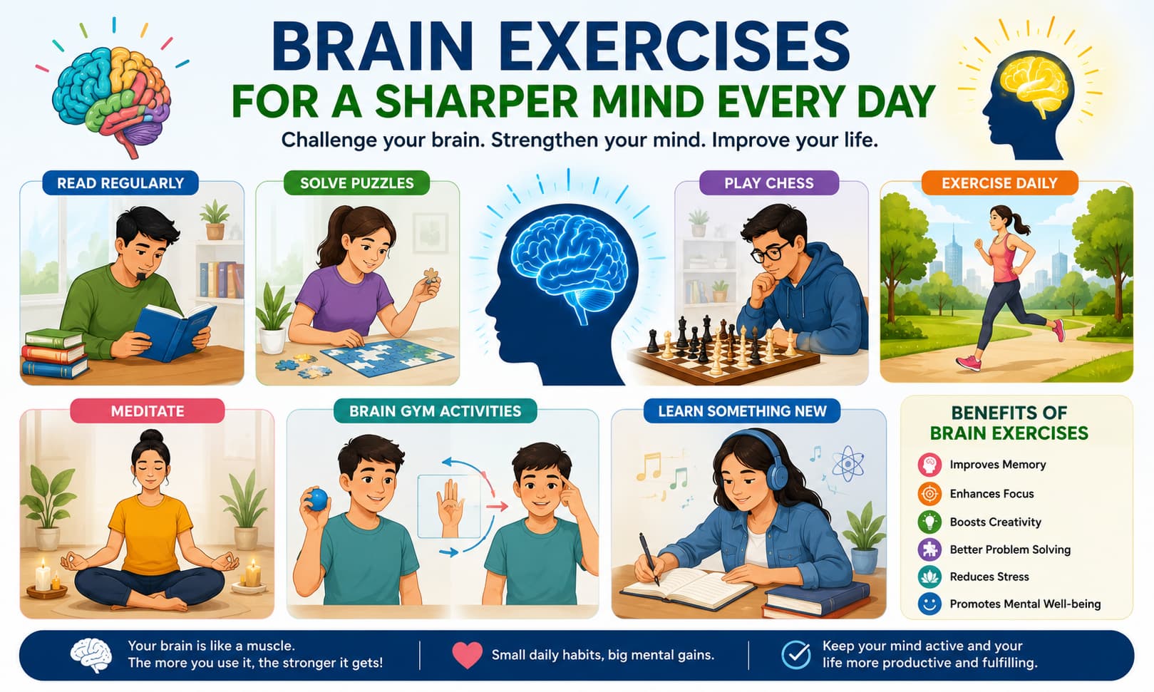 person performing brain exercises such as reading, solving puzzles, playing chess, exercising,meditating, and participating in brain gym activities