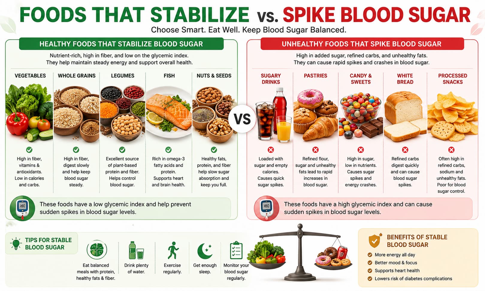 comparing healthy foods that stabilize blood sugar—such as vegetables, whole grains, legumes, fish, and nuts—with sugary drinks, pastries, candy,
and white bread