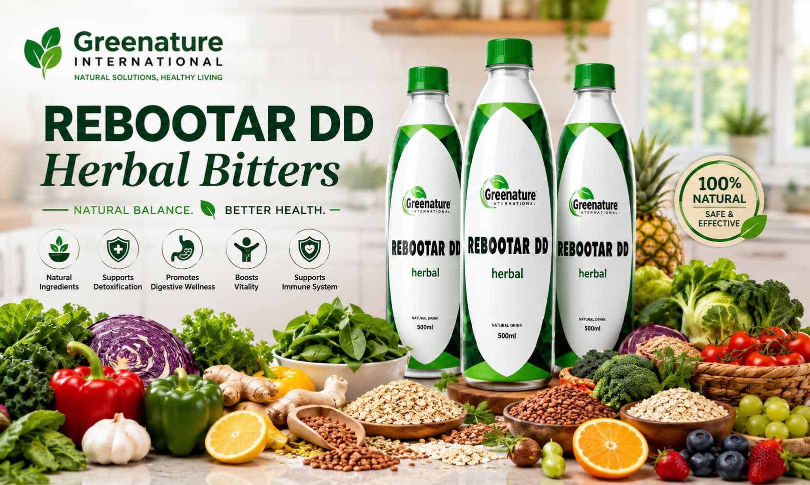 Rebootar Herbal Bitters displayed beside fresh vegetables, herbs, whole grains, and fruits on a
modern kitchen countertop