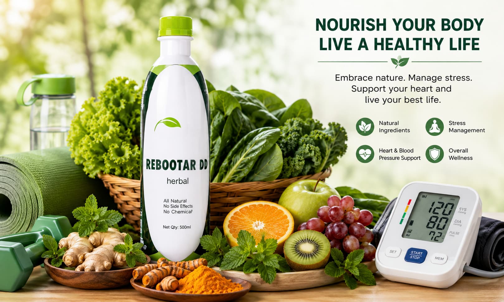 Rebootar Herbal Bitters displayed beside fresh herbs, leafy vegetables, fruits, a yoga mat, anda blood pressure monitor