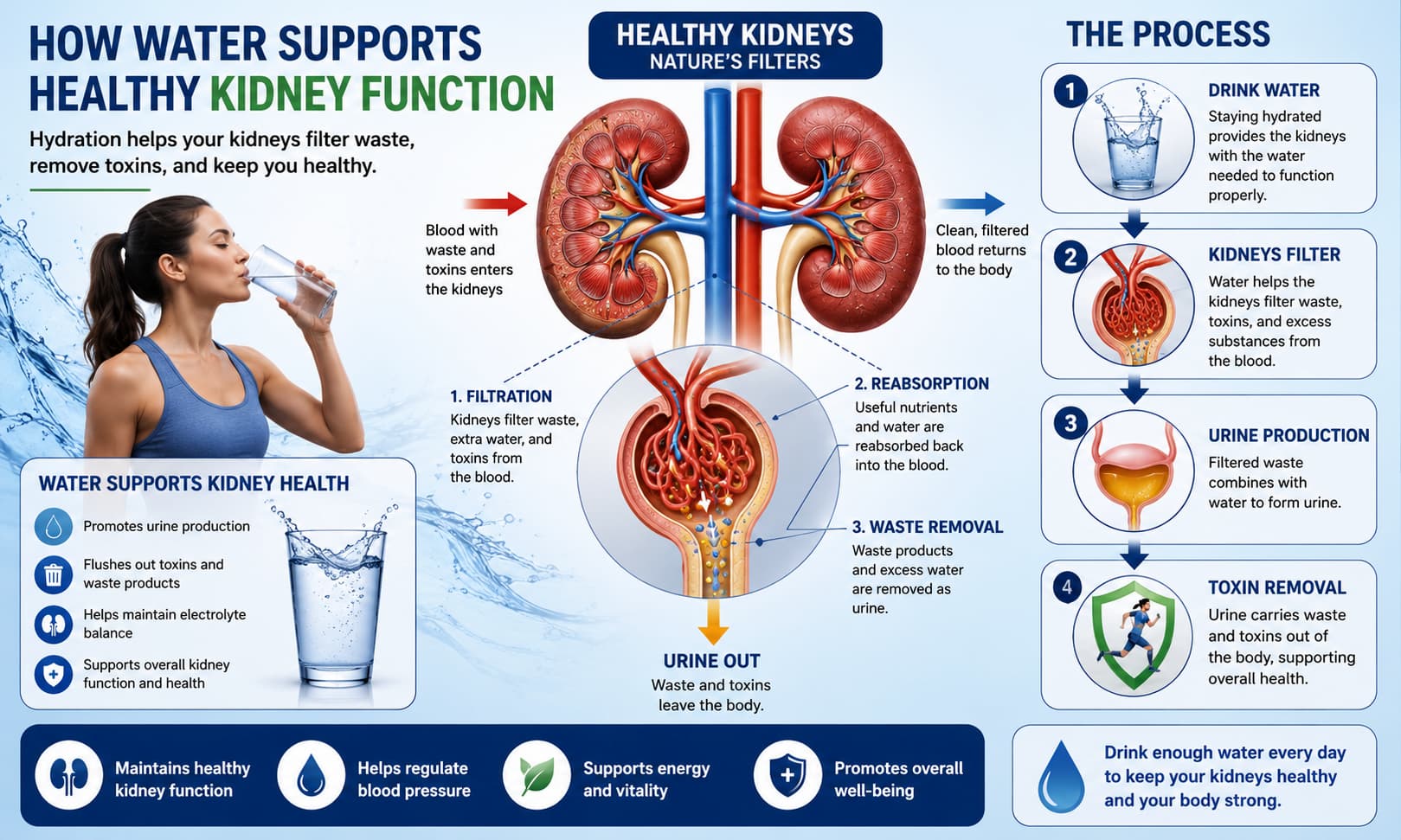 showing healthy kidneys filtering waste from the bloodstream, with arrows demonstrating how drinking water supports 
urine production, toxin removal, and healthy kidney function