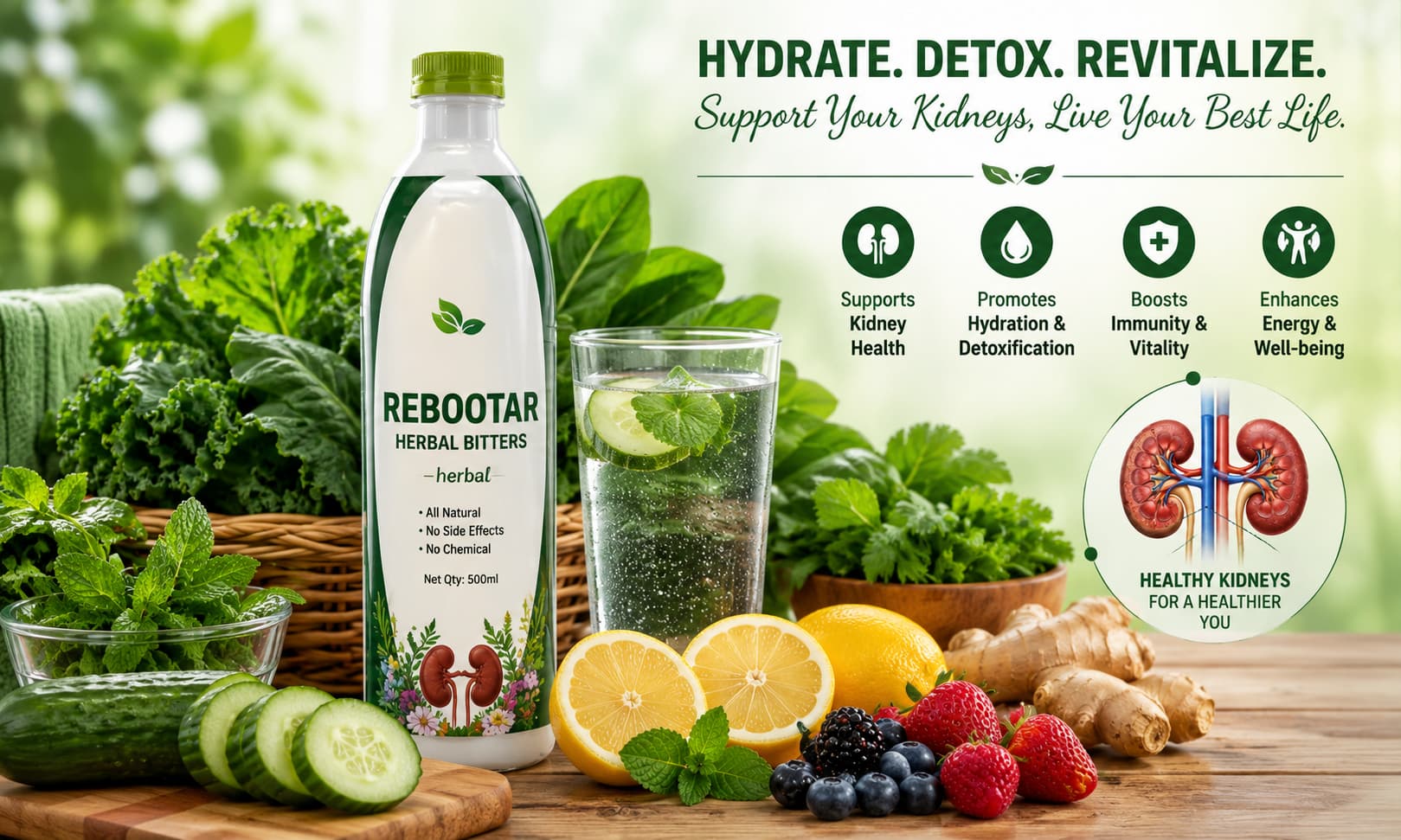 Rebootar Herbal Bitters displayed beside a glass of water, fresh herbs, lemons, cucumbers, berries, and leafy vegetables, 
representing hydration, kidney wellness, and healthy living