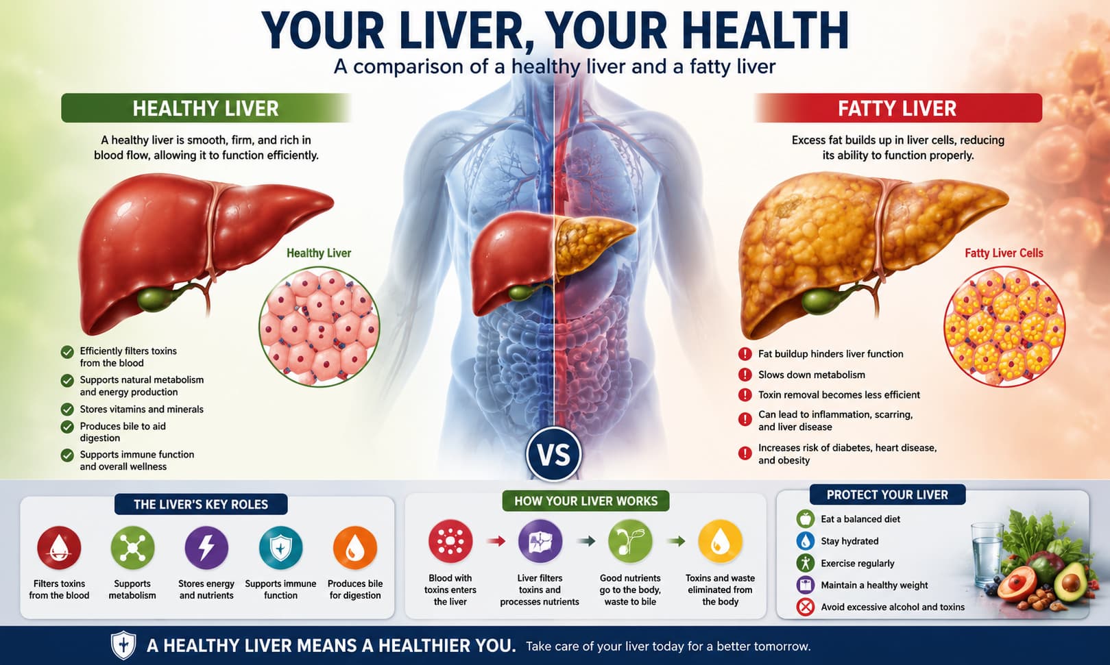 comparing a healthy liver with a fatty liver, showing fat accumulation inside liver cells and highlighting the 
liver's role in filtering toxins and supporting metabolism