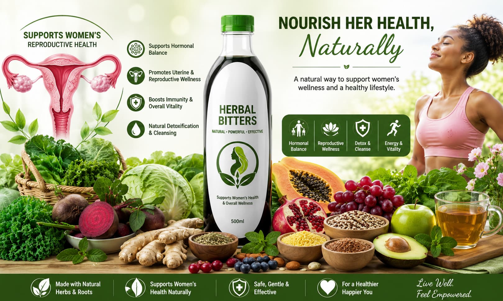 Rebootar Herbal Bitters displayed beside fresh leafy vegetables, fruits, herbs, whole grains, and wellness-themed imagery