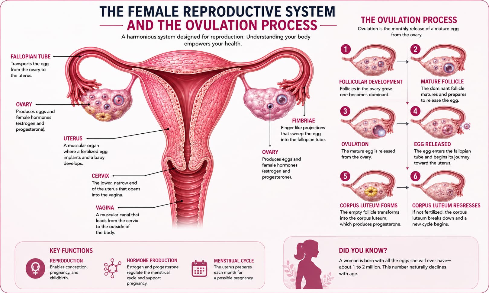 female reproductive system showing the ovaries, uterus, fallopian tubes, cervix, and
the ovulation process