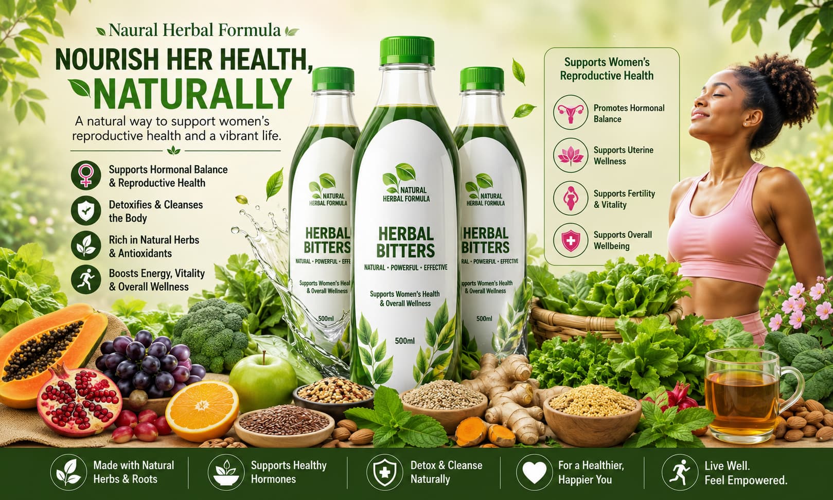 Rebootar Herbal Bitters displayed beside fresh fruits, leafy vegetables, herbs, whole grains, and wellness-themed imagery