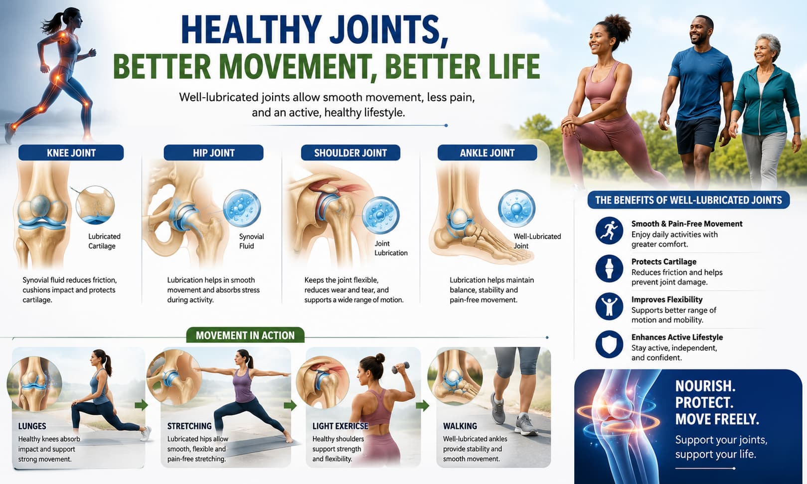 showing healthy knee, hip, shoulder, and ankle joints