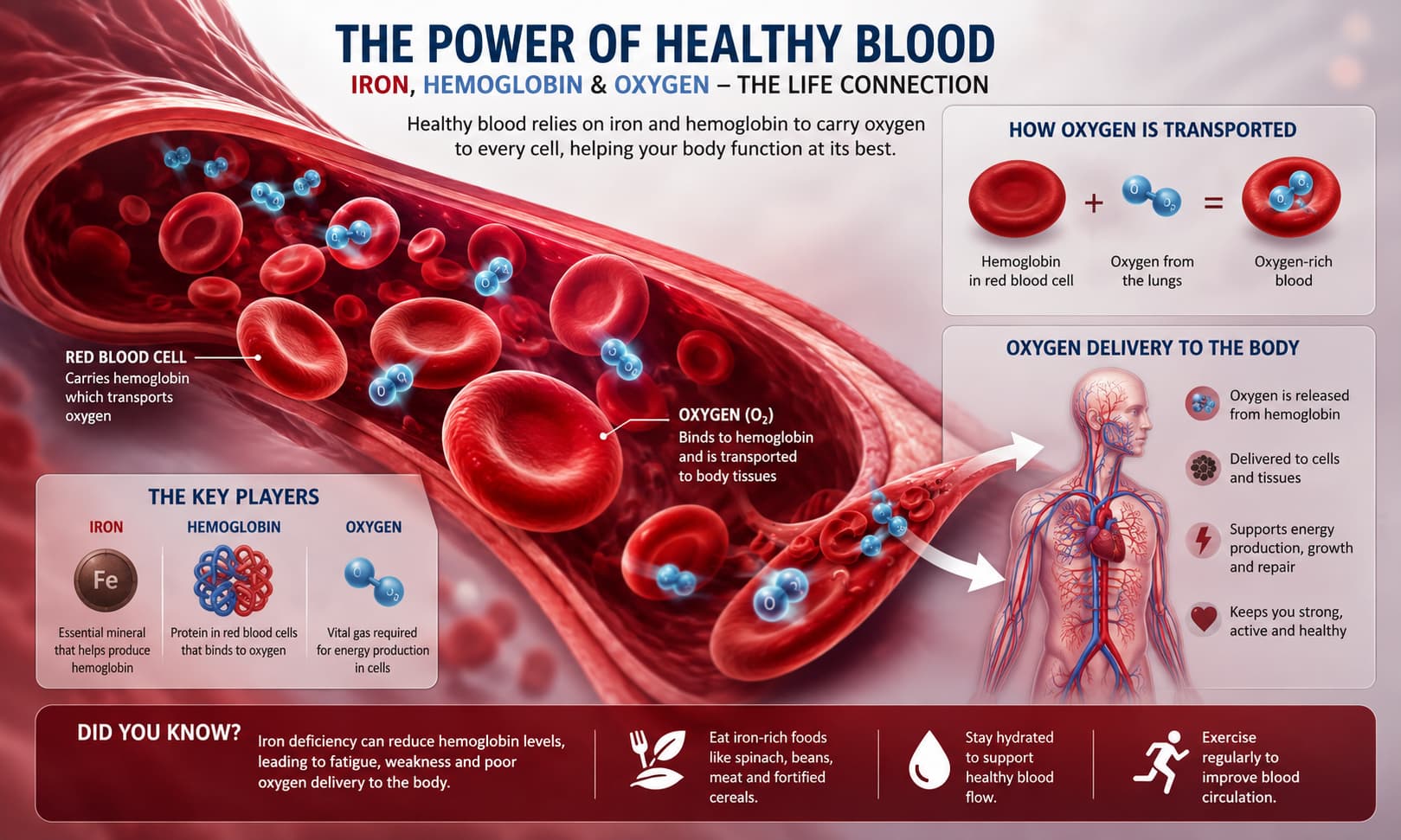 showing red blood cells carrying oxygen through the bloodstream, highlighting the role of iron, hemoglobin, and oxygen transport