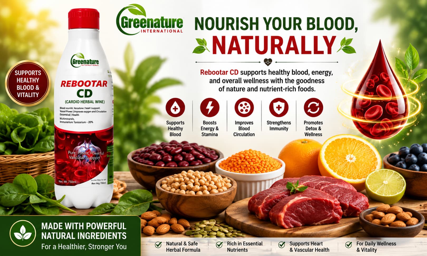 Rebootar CD displayed beside iron-rich foods such as spinach, beans, lentils, lean meat, citrus fruits, and wellness-themed imagery 