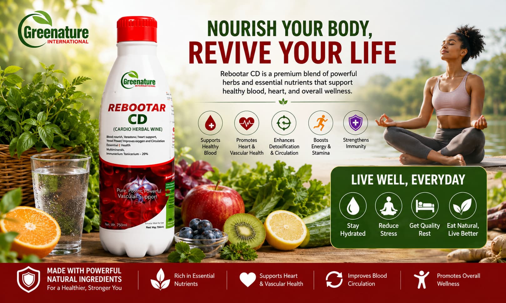 Rebootar CD displayed beside fresh herbs, fruits, vegetables, water, and wellness-themed imagery