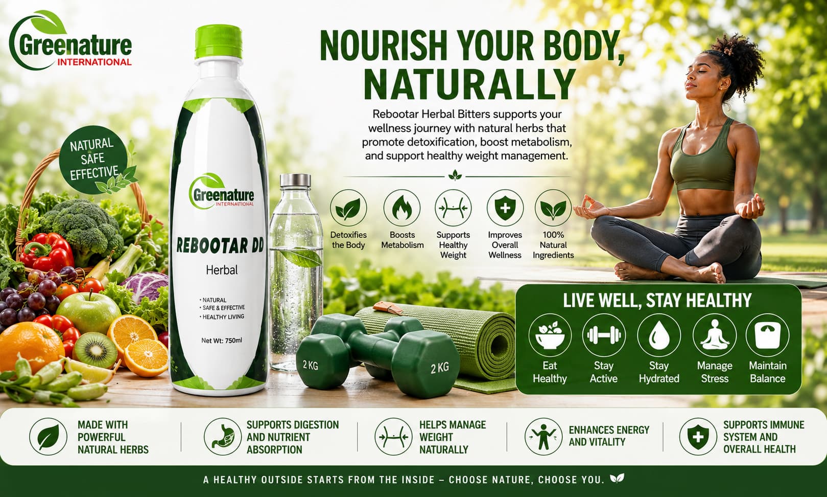 Rebootar Herbal Bitters displayed beside healthy foods, fresh fruits, vegetables, water, dumbbells, a yoga mat, and wellness-themed imagery