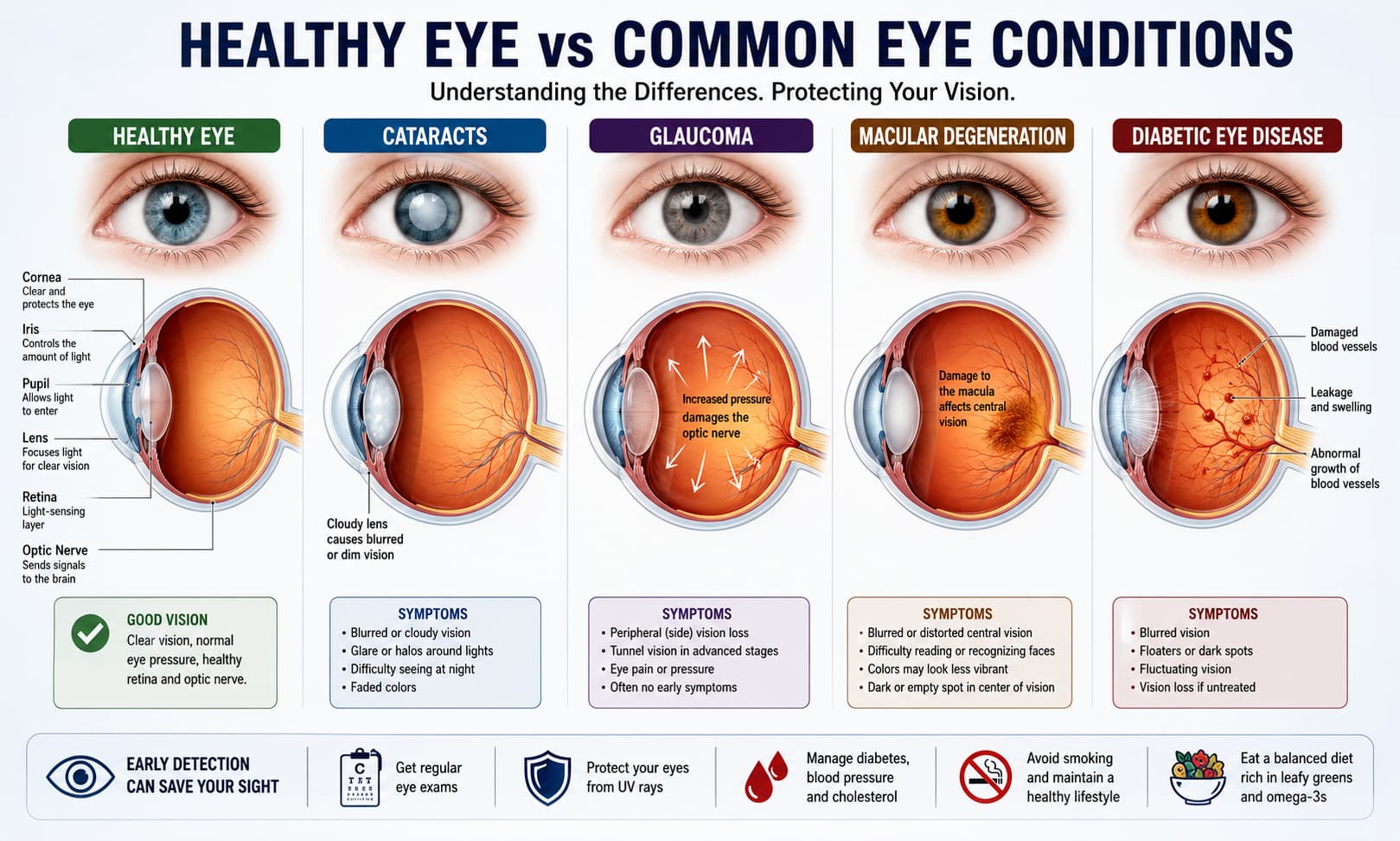 comparing a healthy human eye with common eye conditions such as cataracts, glaucoma, macular degeneration, 
and diabetic eye disease