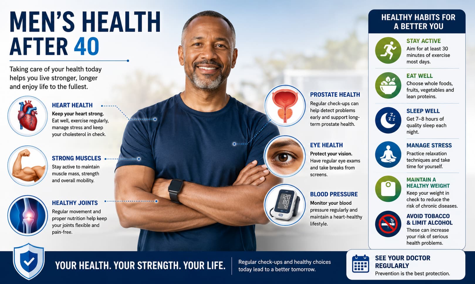 showing a healthy middle-aged man with icons highlighting the heart, prostate, muscles, joints, eyes, blood pressure monitor, and healthy 
lifestyle habits