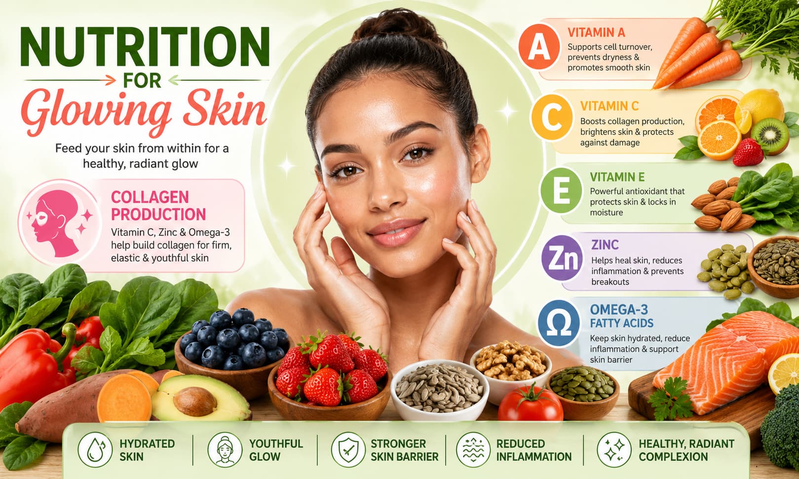 showing glowing healthy skin alongside nutrient-rich foods such as carrots, spinach, citrus fruits, berries, salmon, avocados, nuts, and seeds