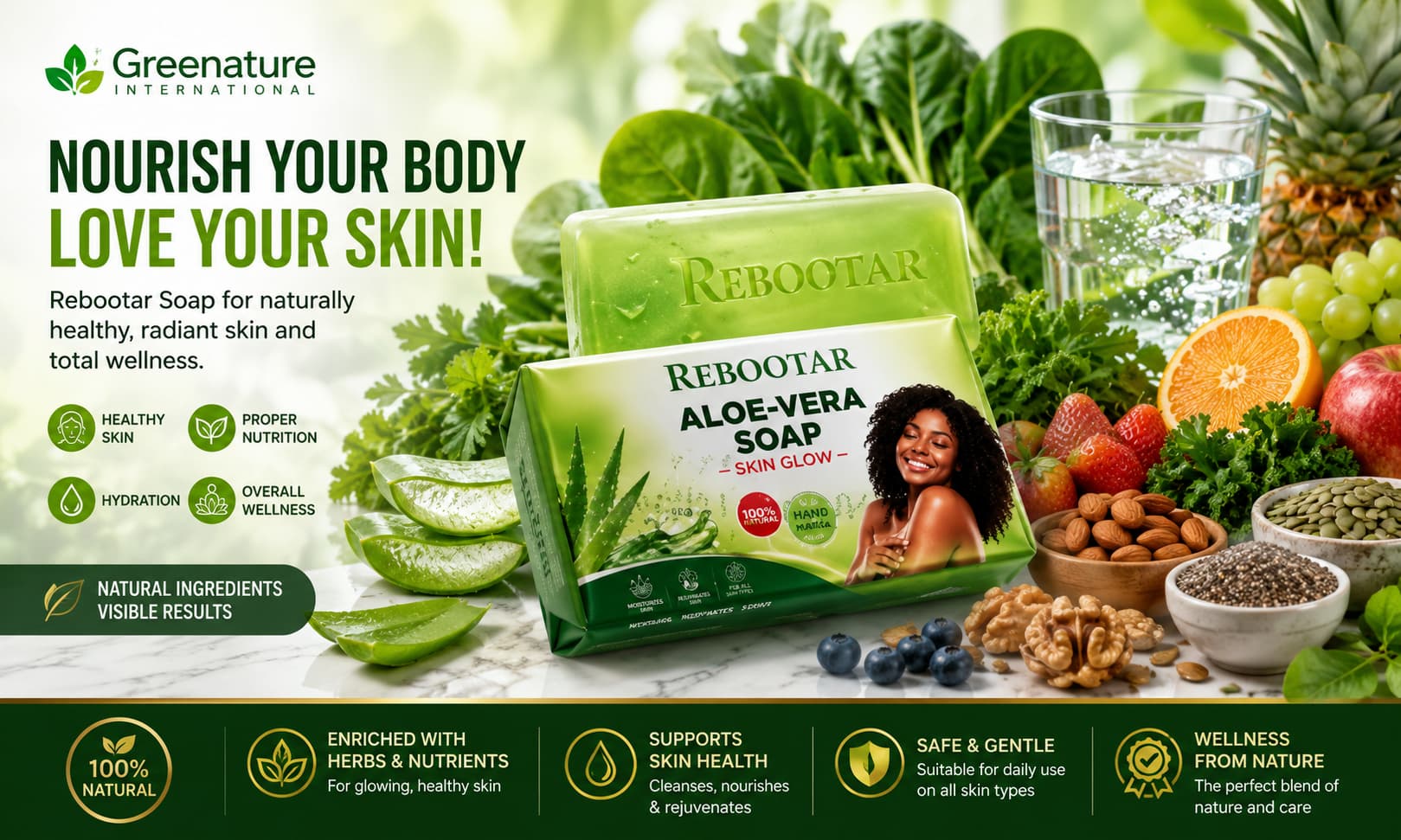 Rebootar Soap displayed beside fresh fruits, leafy vegetables, herbs, water, nuts, seeds, and wellness-themed imagery