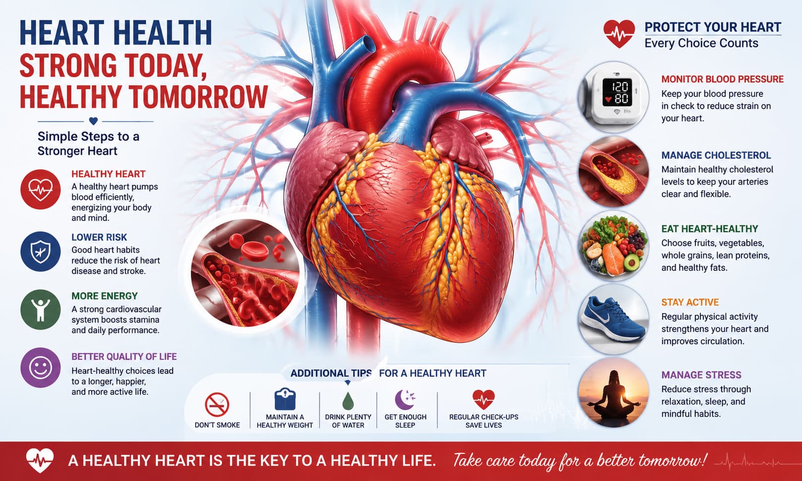 showing a healthy human heart with surrounding blood vessels, alongside icons representing blood pressure monitoring, cholesterol management, healthy eating, physical 
activity, and cardiovascular wellness