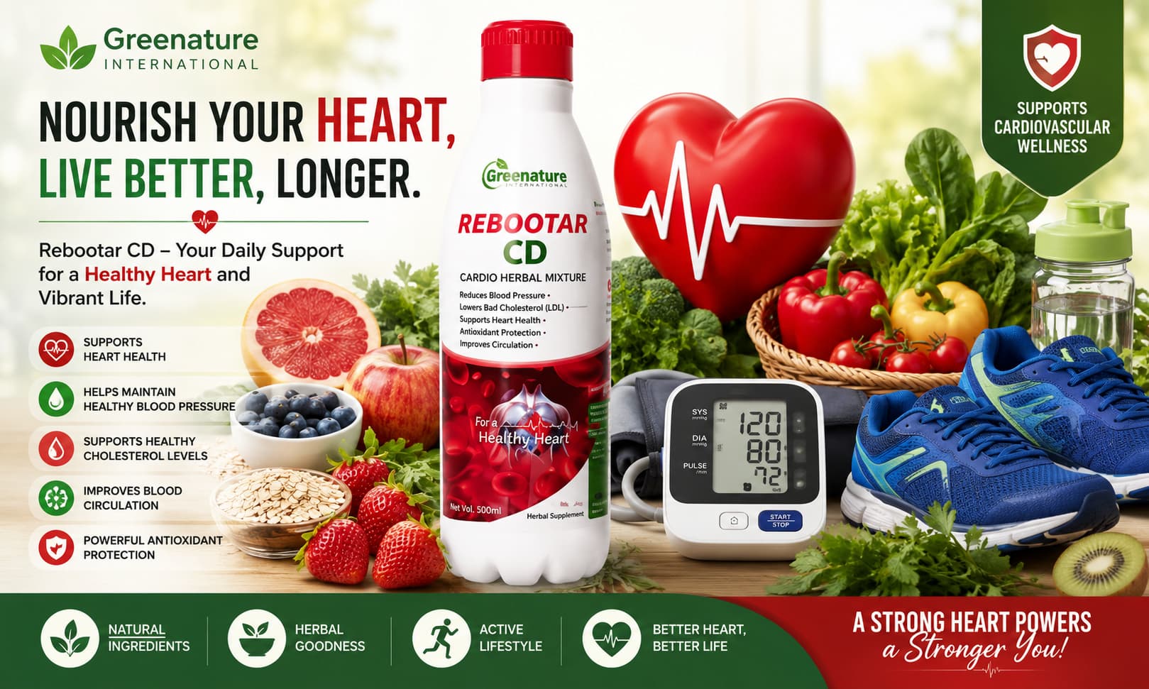 Rebootar CD displayed beside fresh fruits, leafy vegetables, whole grains, herbs, a blood pressure monitor, running shoes, and wellness-themed