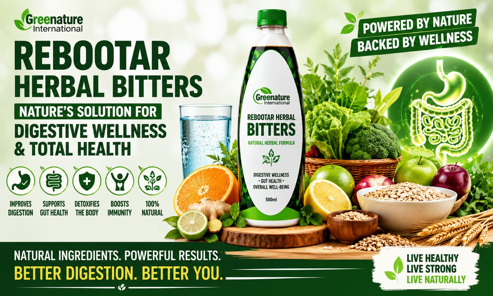 Rebootar Herbal Bitters displayed beside fresh fruits, leafy vegetables, herbs, whole grains, water, and wellness-themed imagery