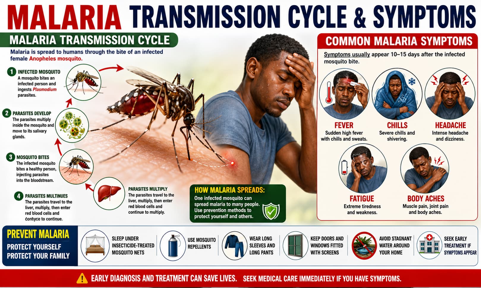 showing the malaria transmission cycle, including an infected mosquito biting a person