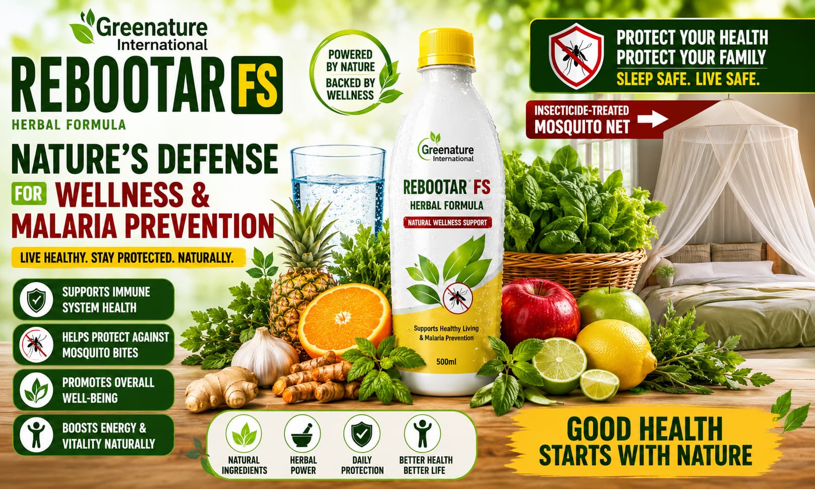 Rebootar FS displayed beside fresh fruits, leafy vegetables, herbs, clean drinking water, and wellness-themed imagery