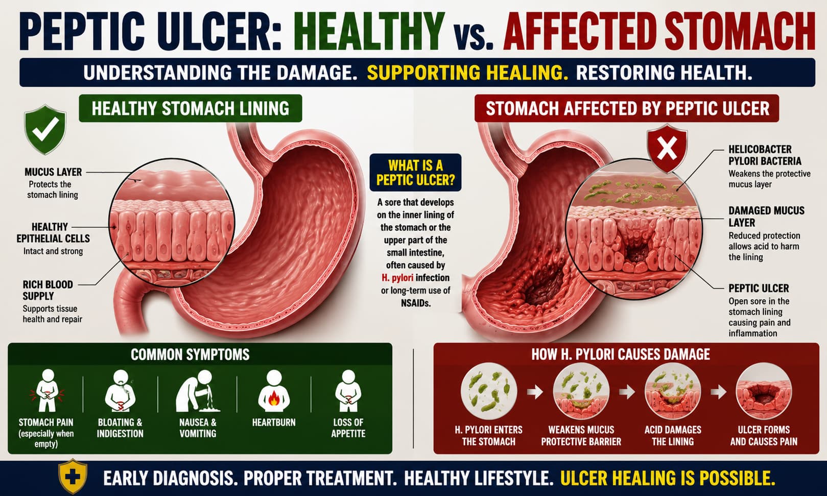 comparing a healthy stomach lining with a stomach affected by a peptic ulcer, highlighting the damaged tissue 