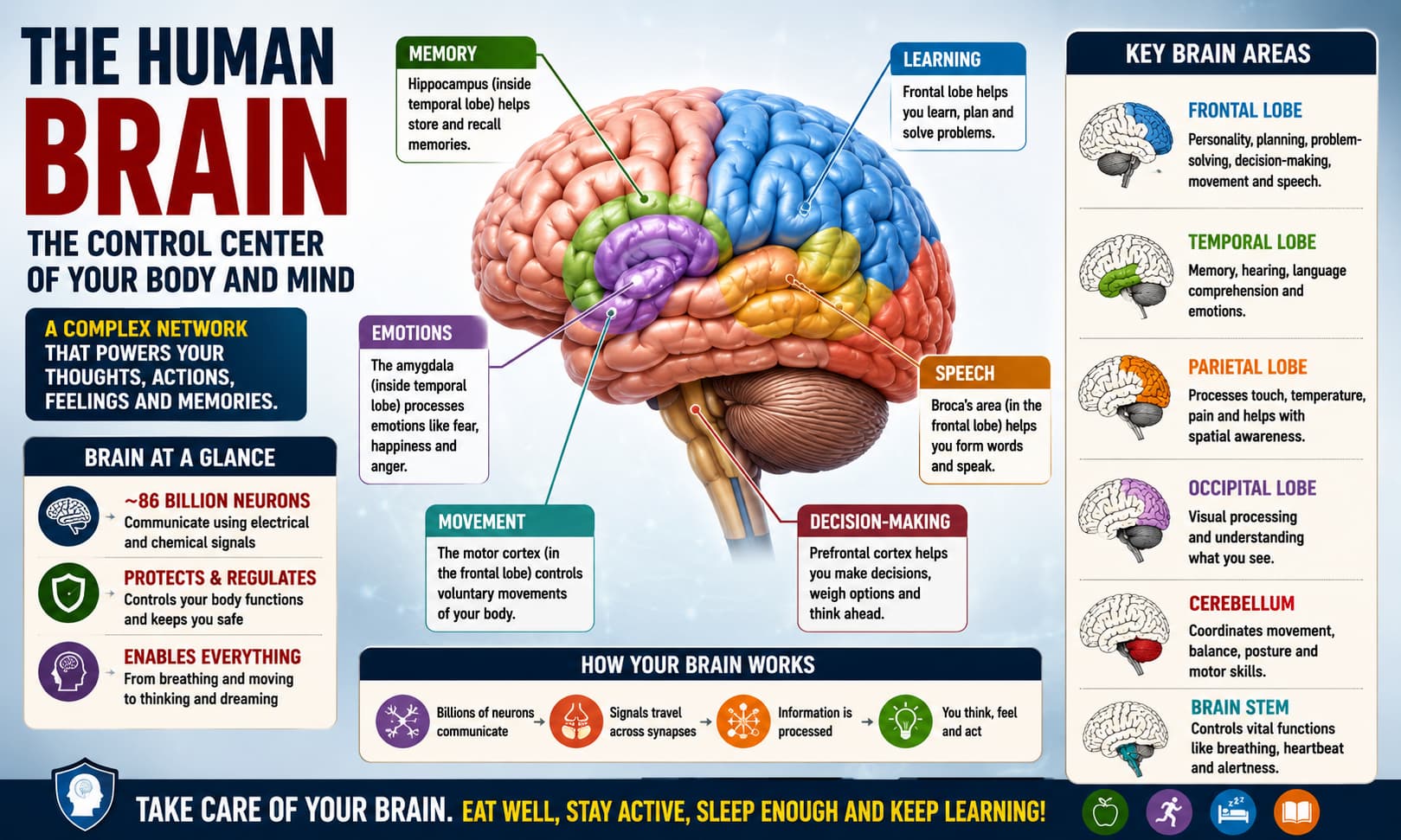 human brain highlighting the areas responsible for memory, learning, speech, movement, emotions, and decision-making