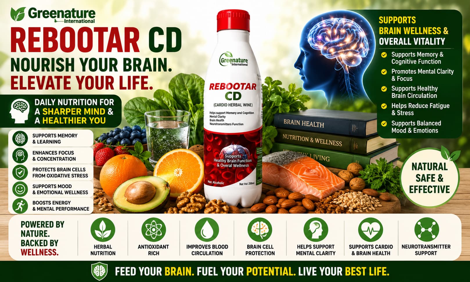 Rebootar CD Herbal Formula displayed beside fresh fruits, leafy vegetables, nuts, fish rich in omega-3 fatty acids, herbs, water, books, and wellness-themed imagery 